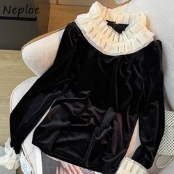 Neploe Elegant Vintage Beading Lace Collar Blouses 2024 Spring New Black Velvet Shirts Women Y2k Long Sleeve Blusas Mujer