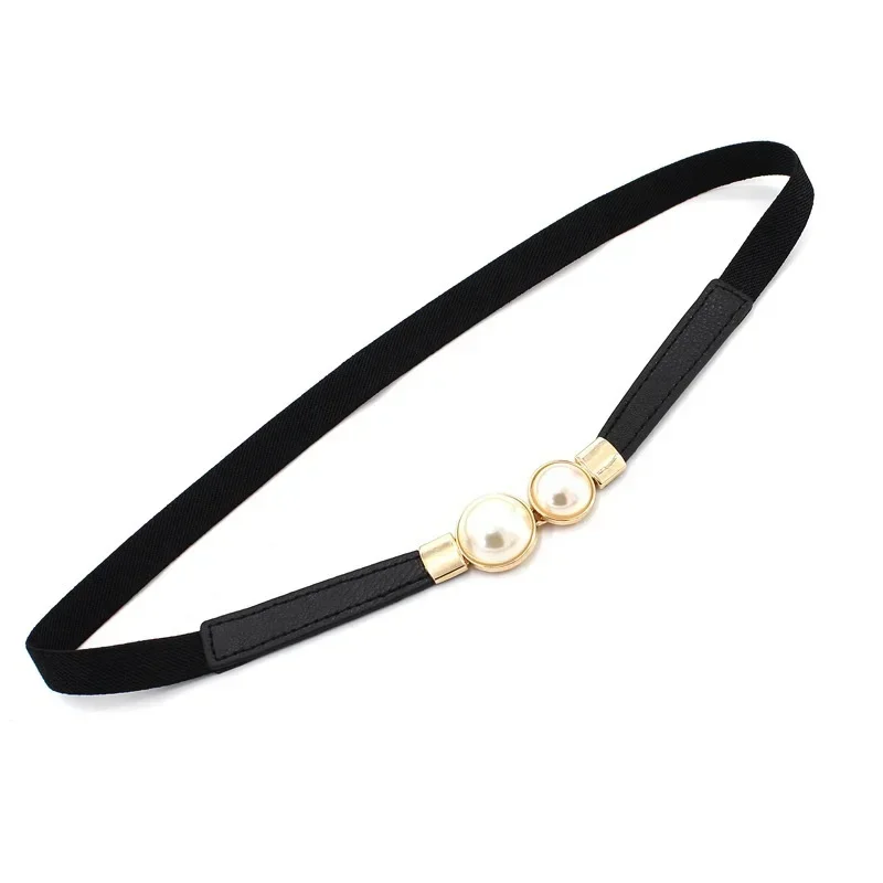 Women\'s Belt Creative Double Pearl  Leather Dress Waist Elastic Thin Elegant Women Fashion Accessories Clothes Decoration Gifts