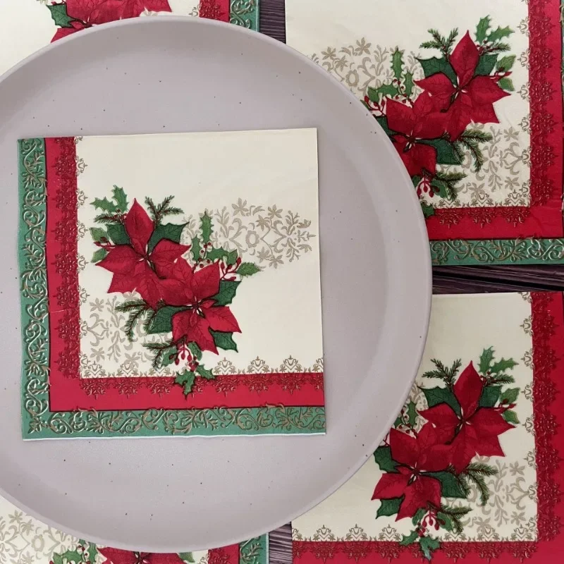 20pcs 2Ply 33cm Christmas Napkins Red Christmas Flowers Printed Paper Napkins Disposable Placemats Colourful Printed Napkins