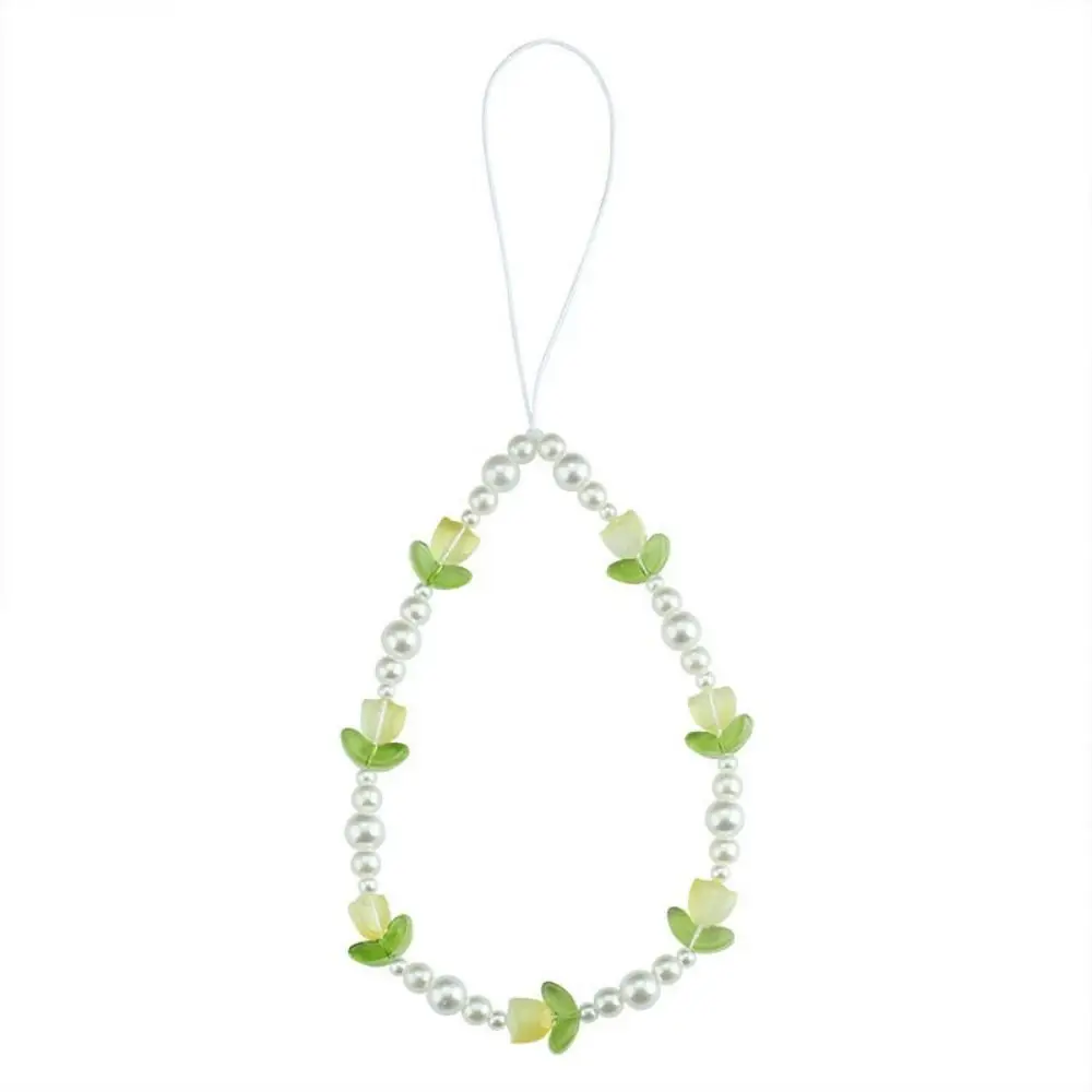 진주 비즈 튤립 비즈 폰 참 스트랩 튤립 글라스 튤립 모바일 폰 체인 짧은 컬러풀 플라워 비즈드 셀폰 스트랩