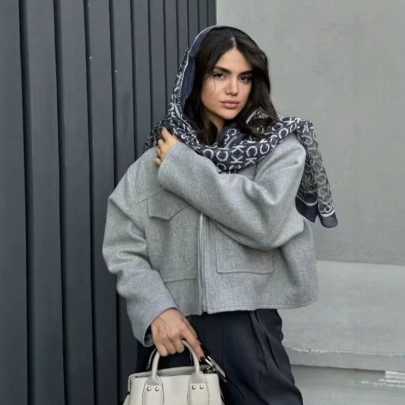 

Лидер продаж в Европе и Америке, простое модное шерстяное пальто с отложным воротником и большим карманом на молнии