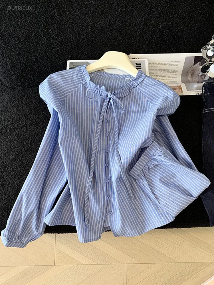 Striped Lace Up Bow Women's Blouses O Neck Long Sleeve Shirts New Casual Blusas Single Breasted Ropa Mujer Fungus Tops
