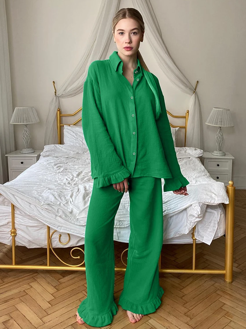Marthaqiqi Cotton Winter Ladies Nightgowns Suit Long Sleeve Sleepwear Turn-Down Collar Nightwear Wide Leg Pants Femme Pajama Set