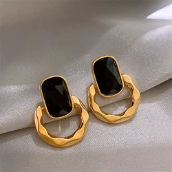 Black imitation gem geometric square earrings female new retro simple earrings girl birthday party gift 2024