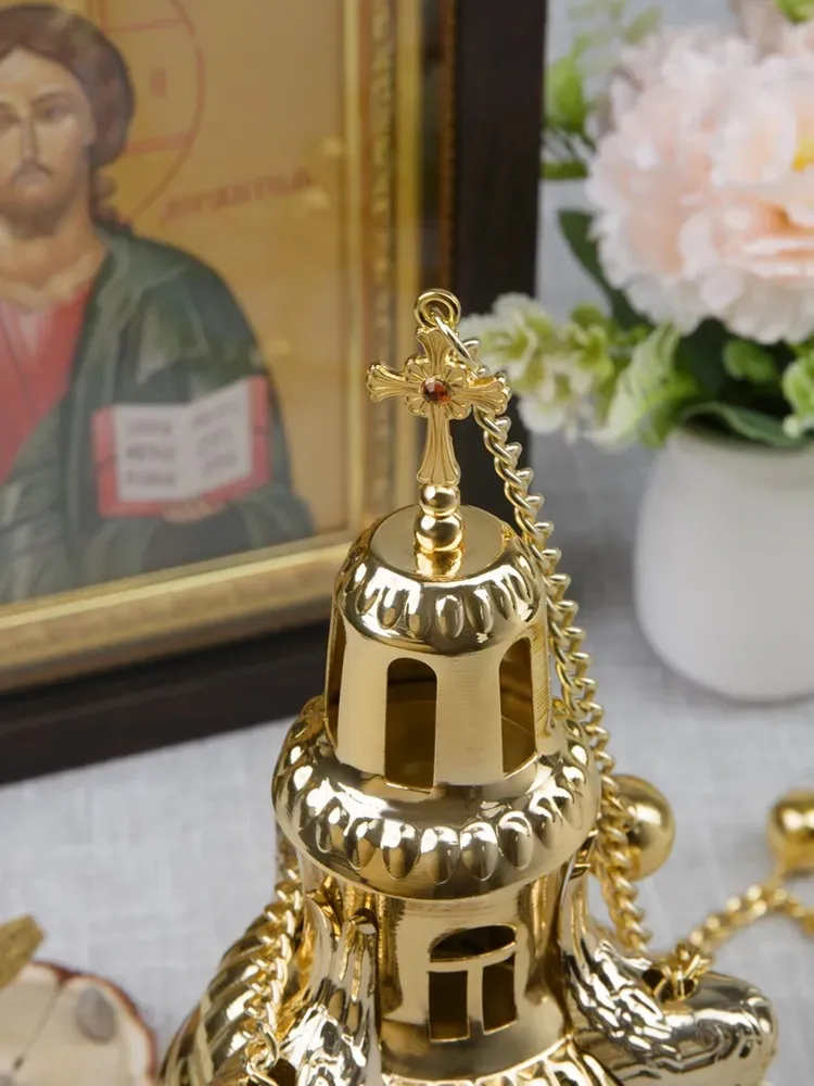 HTISOK Orthodoxes Räuchergefäß mit Kette und Glocken aus Zinklegierung, vergoldet, für Kirchenaltarzeremonien, mit traditionellem Design. – Detail 8