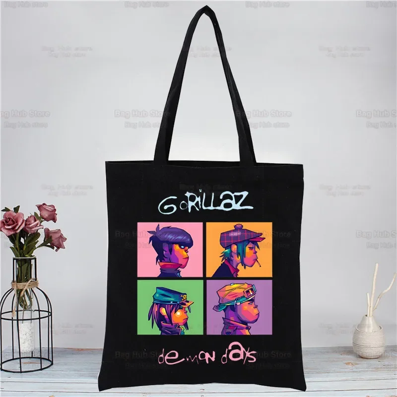 Zespół muzyczny Gorillaz PUNK ROCK ChakaKhan Noodle Czarne torby na ramię dla kobiet Torby na zakupy z płótna Torby na zakupy wielokrotnego użytku Torby ekologiczne