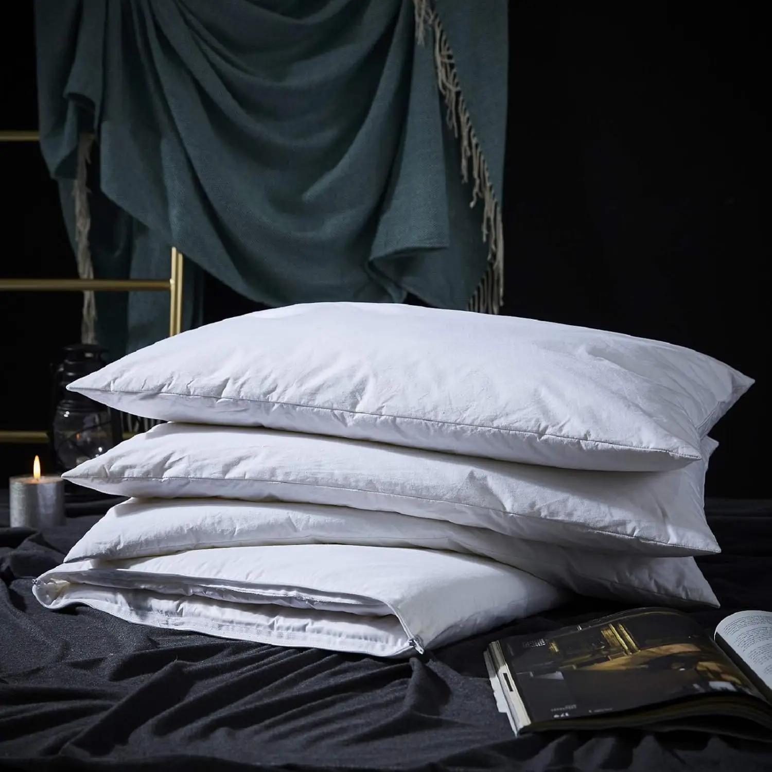 

Adjustable Goose Feather Pillow with Cotton Cover, Ideal for All Sleepers, Standard/Queen Size, Includes 1 Pillow