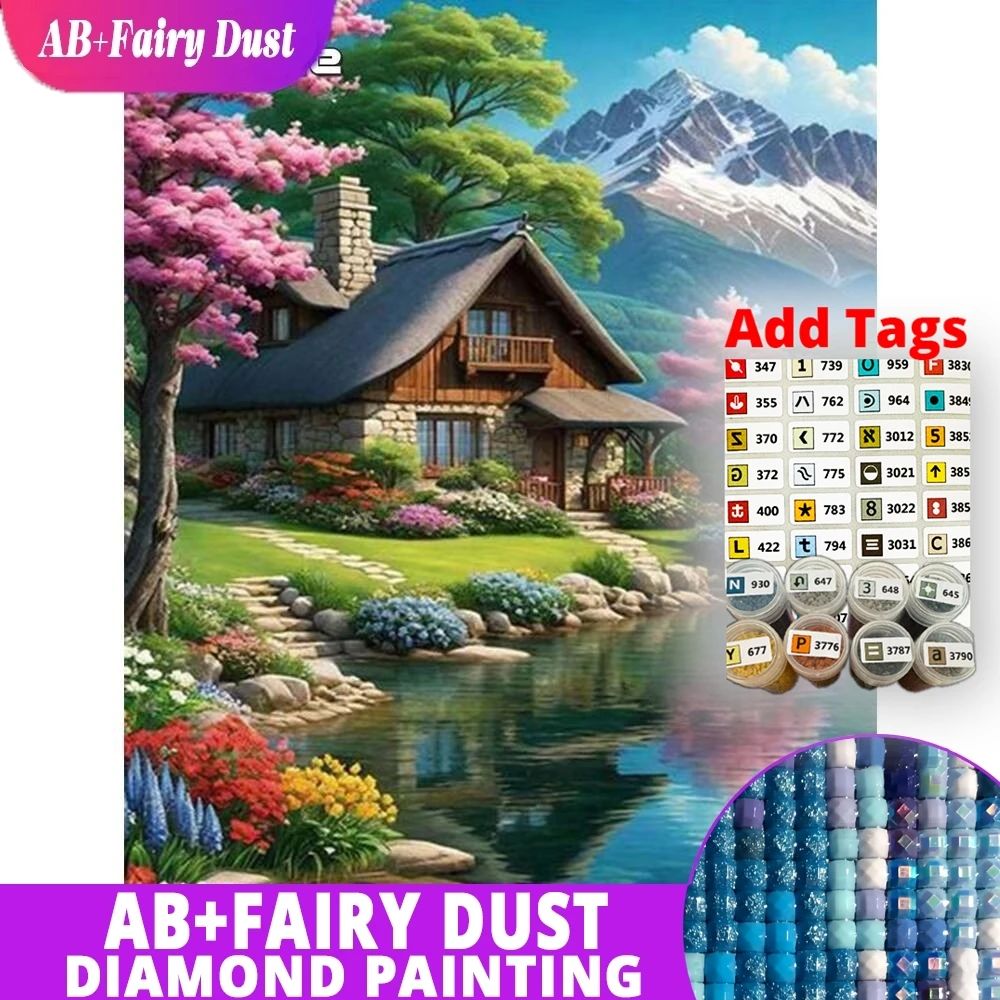 

AB Fairy Dust DMC stickers Diamond Embroidery House Kits Cross Stitch Diamond Paitning Mountain Landscape New Arrival River Mosa