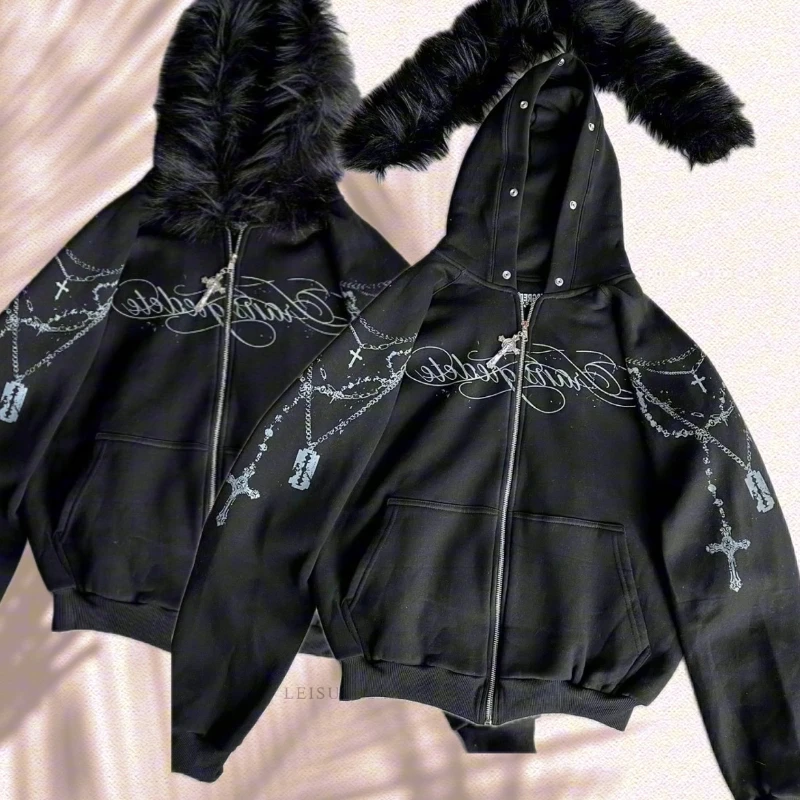 

Американская ретро осенне-зимняя толстая куртка с готическим принтом и рисунком, свободная толстовка на молнии для мужчин и женщин, уличная одежда с капюшоном