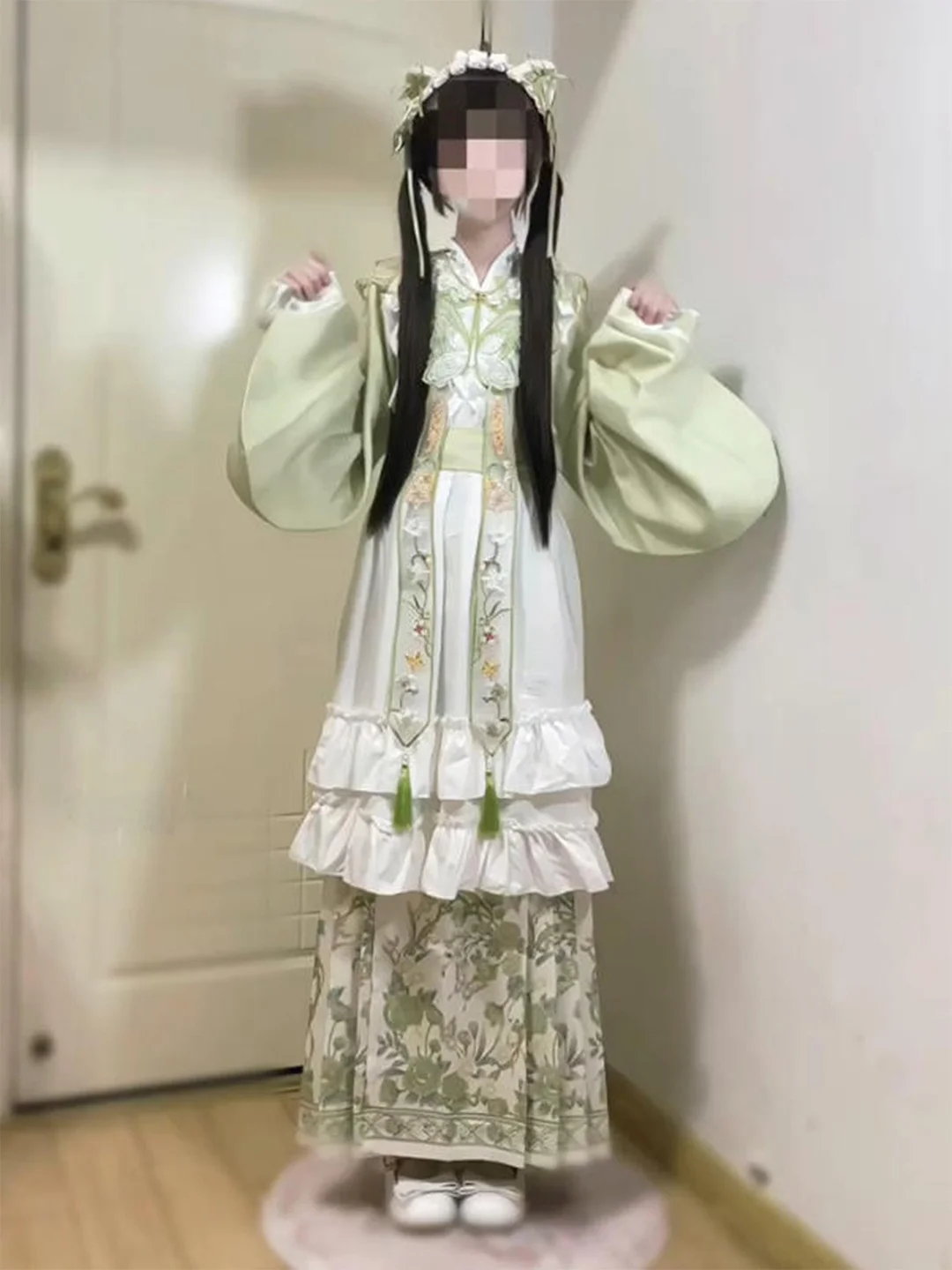 Green Hanbok Yangzhong Embroidery Cloud Shoulder Ming Dynasty Hanfu Women's Pipa Sleeve  Face Skirt Lolita Cute Dress