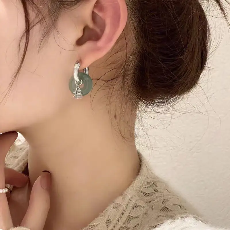 Fashion Silver Hoop Earrings with Green Resin Fu Pendant Lucky Charm Jewelry for Girls School Daily Wear