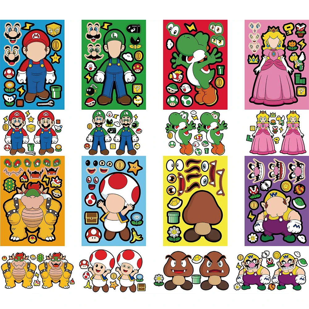 Kawaii Mario Puzzle Stickers Princess Luigi Cartoon Anime Luggage Skateboard Notebook Decals Decoration Kids Toys Birthday Gifts