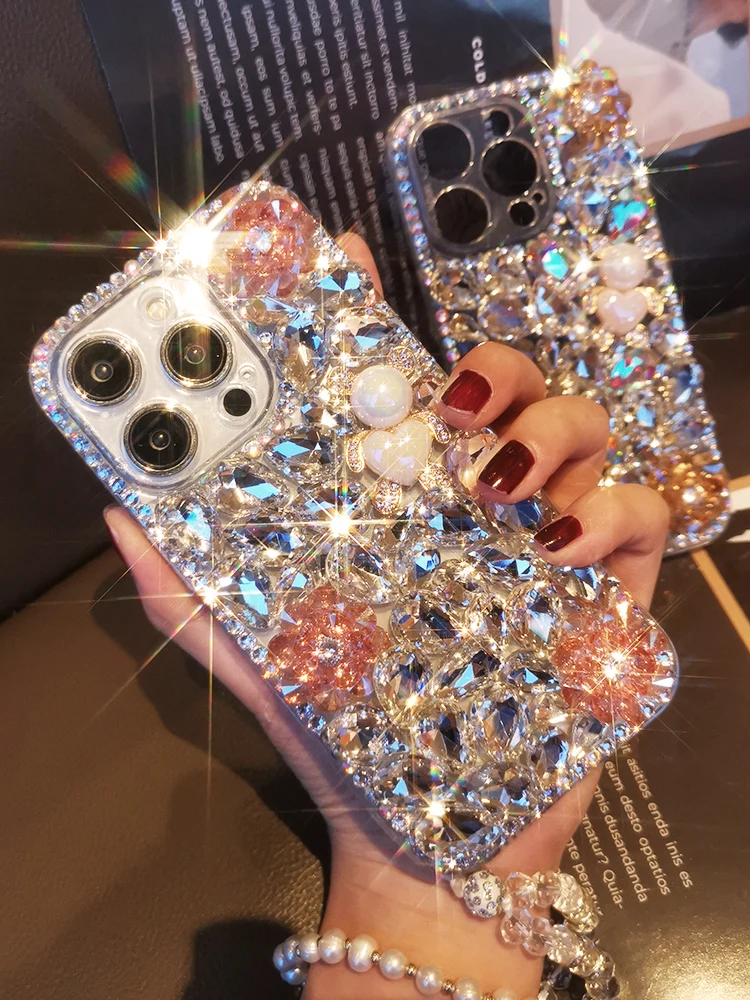 

Luxury Glitter Phone Case For IPhone 15 14 13 12 11 Pro Max XR XS Max X 8 7 Plus SE2020 Mini Water Rhinestone Flower Woman Cover