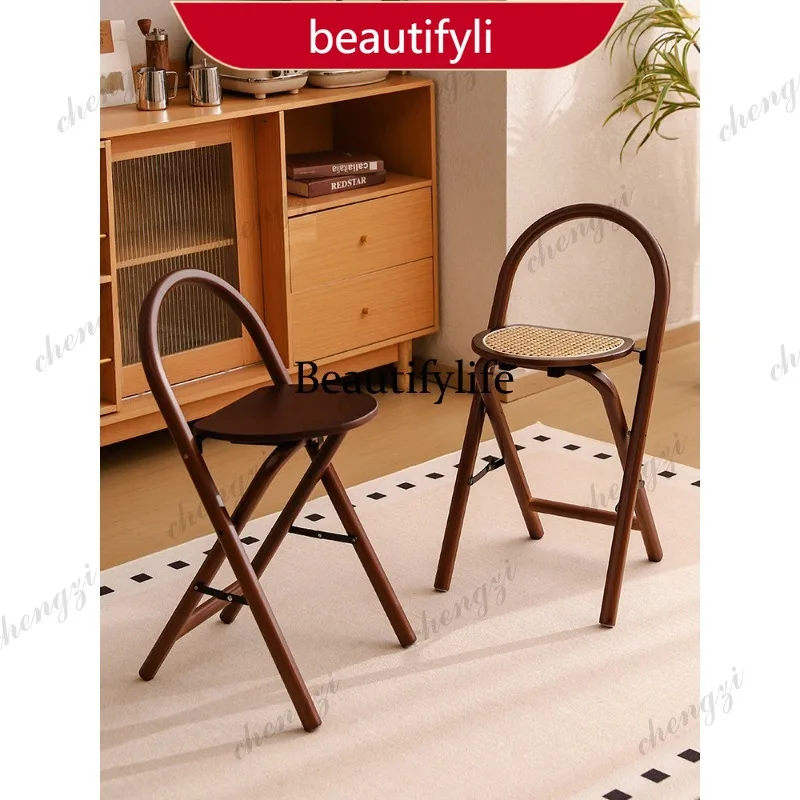 X188 Back Chair Rattan Folding Household Round Stool Medieval Balcony Leisure Chair Bar Counter Kitchen High Chair
