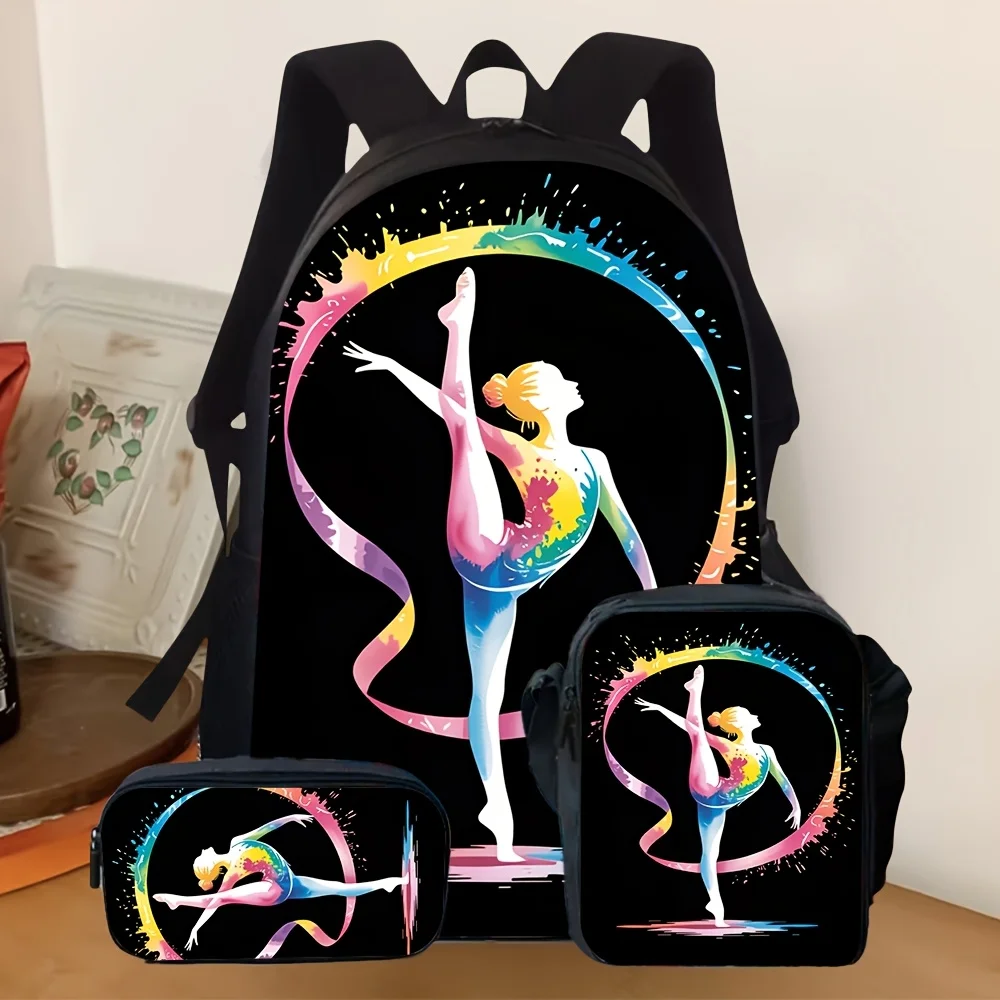 

3pcs 2D Flat Printing Backpack Set Featuring Colorful Watercolor Artistic Gymnastics Pattern Suitable for Daily School Use And O