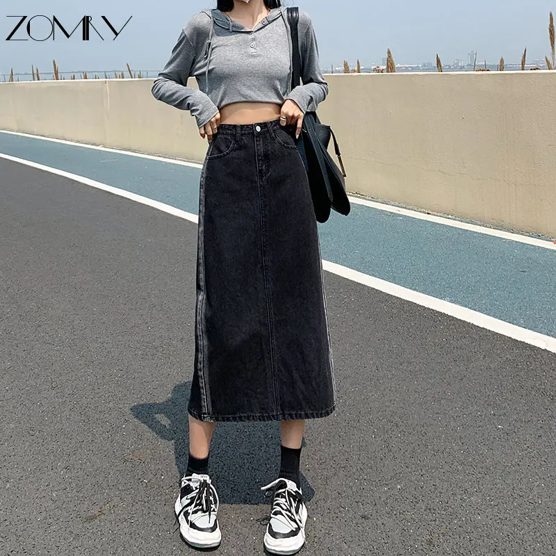 

ZOMRY 2023 New Streetwear High Waisted Pencil Long Denim Skirts Femme Casual Split Vintage Versatile Commuting Style Skirt