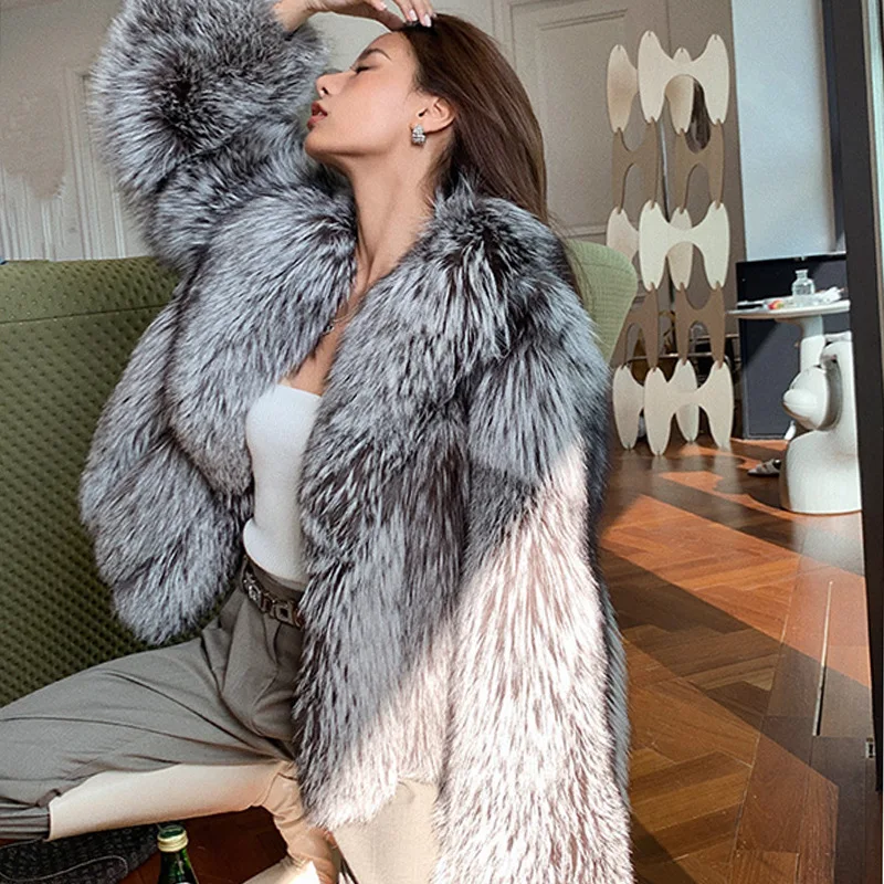 UMI MAO Ayajia Finlandia Argento Volpe Vera Pelliccia Cappotto Intero In Pelle Verde Frutta Collare Striscia Verticale Dimagrante Cappotto di Pelliccia Spessa