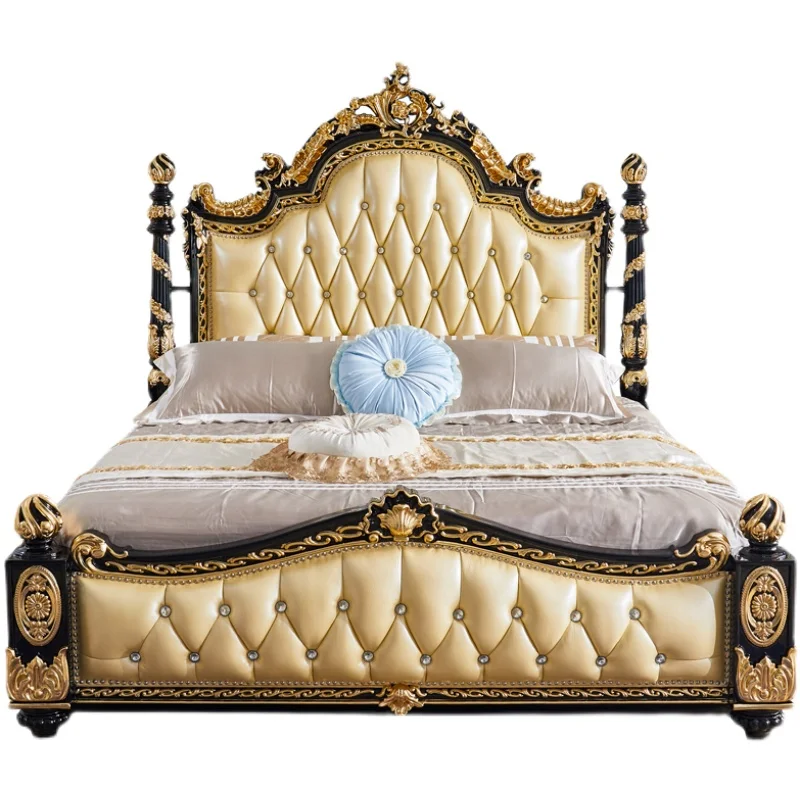 

#European Style Neoclassical Double Bed 1.8-meter Solid Wood Genuine Leather Bedroom Set for Wedding and Villa Home Furniture