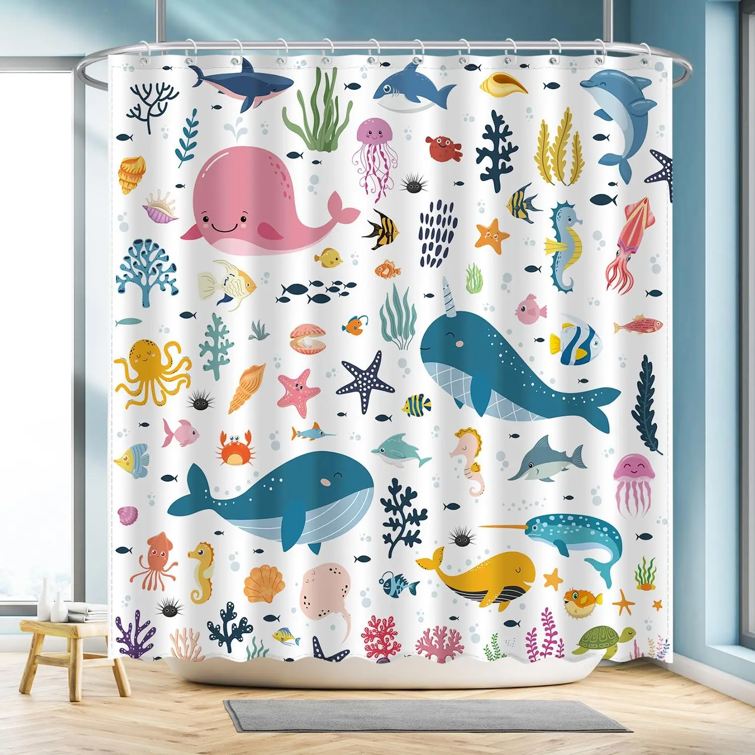 

Детская забавная занавеска для душа с океаном, милые мультяшные акварельные красочные подводные занавески с китом для мальчиков и девочек, декор для ванной комнаты