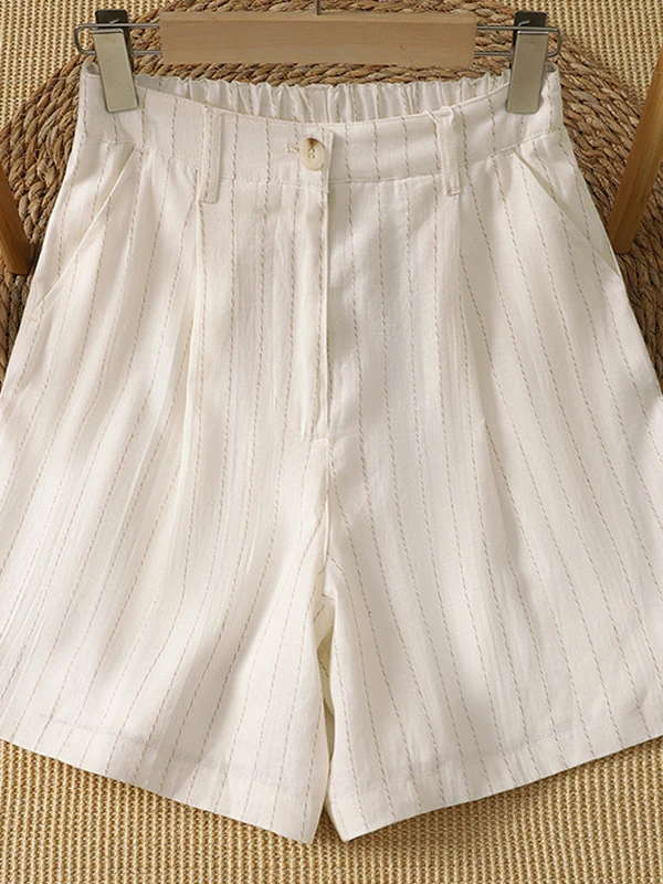 High Waist Striped Cotton Linen Casual Pants Women Summer Thin Wide Leg A-Line Shorts Outdoor Wear Comfortable Breathable