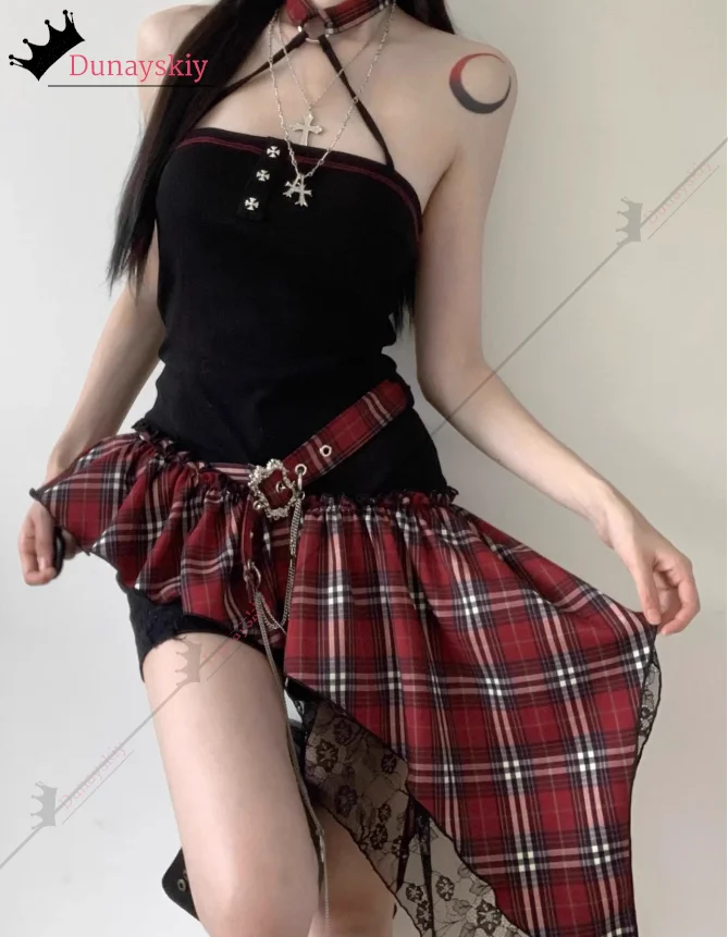 고스 Y2k 코스프레 빈티지 드레스 의상 Camis 여성 드레스 사이버 펑크 그런지 불규칙한 짧은 스커트 정장 롤 플레잉 슈트