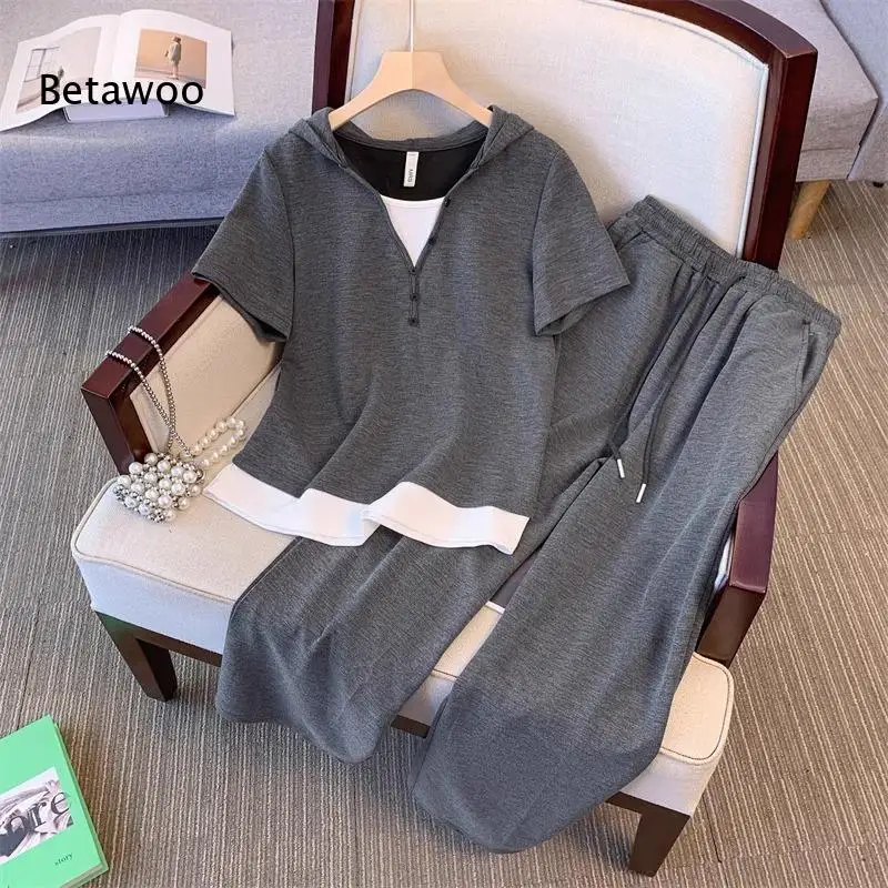 Women Hooded Half Button Color Block Two Piece Outfit Short Sleeve Top Elastic Waist Drawstring Wide Leg Pants Casual Set