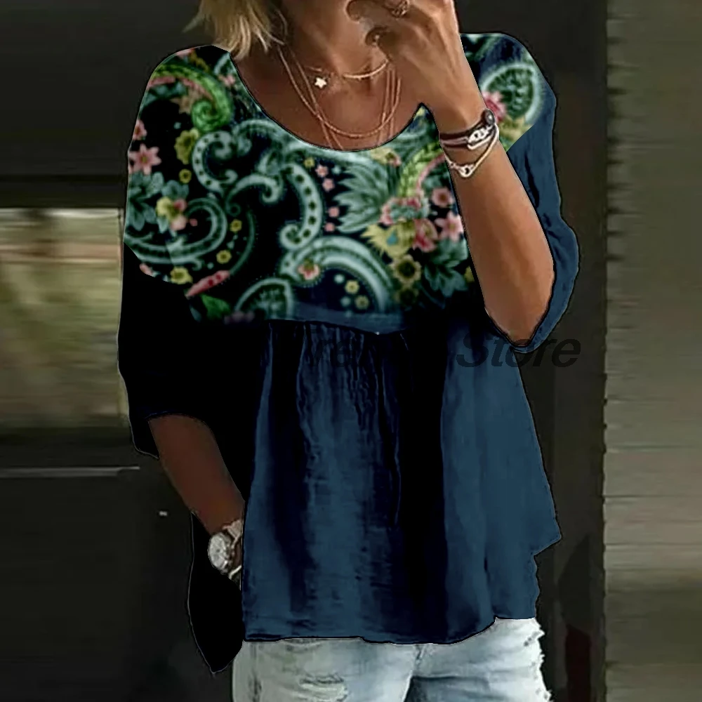 Women's Casual Floral Print 3/4 Sleeve Blouse Loose Fit Crew Neck Tunic Tops Lady's Top Shirts