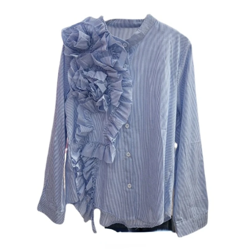 Fashion Three-Dimensional Flower Ruffled Irregular Stitching Blouse Women High-End Blue Striped Shirt Long-Sleeved Blusas Top