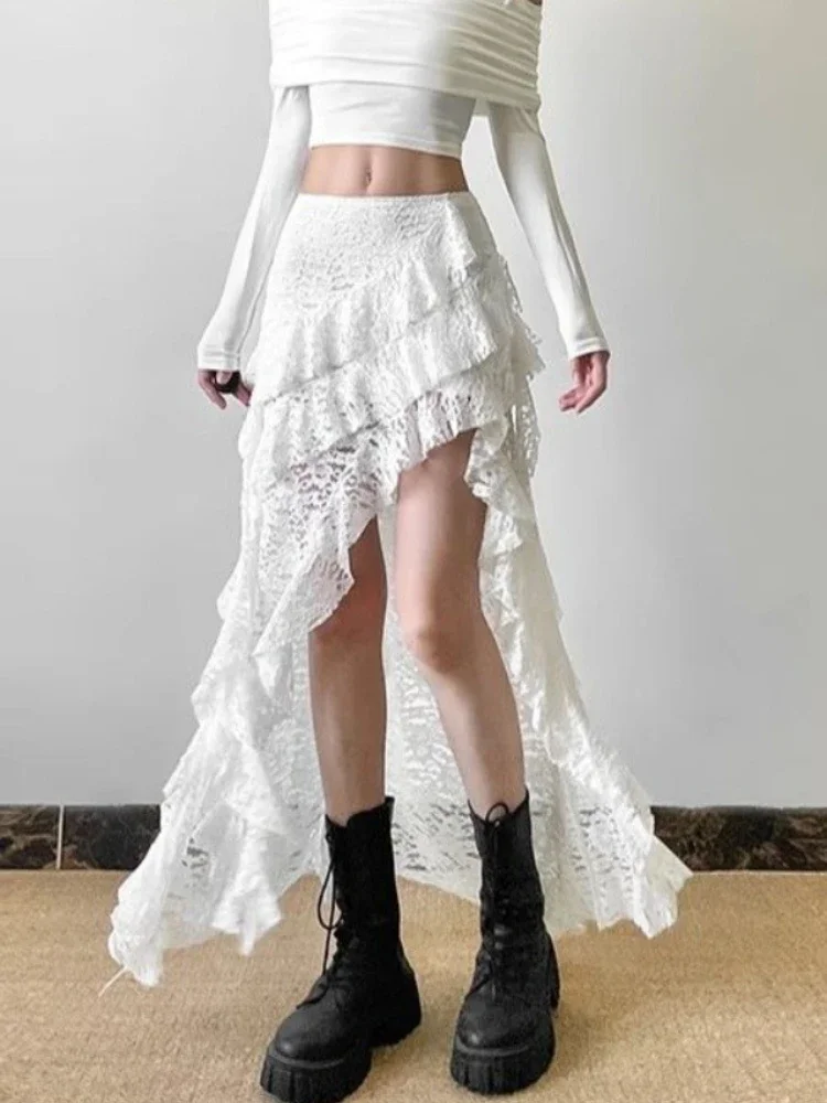 Deeptown Elegant Tulle Ruffle Skirt Women Boho Lace Vintage White Irregular Skirt Korean Style Summer Layered Mid Skirts Street