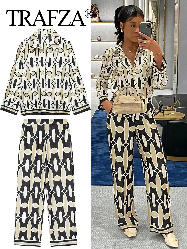 TRAFZA 2024 Summer Trendy Female Pant Suit Long Sleeves Lapel Blouse+Side Zipper Wide Leg Pants Vintage Geometric Print Chic Set