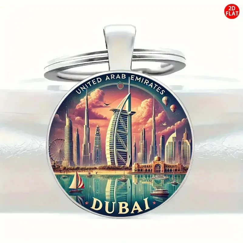 Dubai Skyline Keychain - Mini City Scenery and Logo Souvenir, Durable Iron and Zinc Alloy