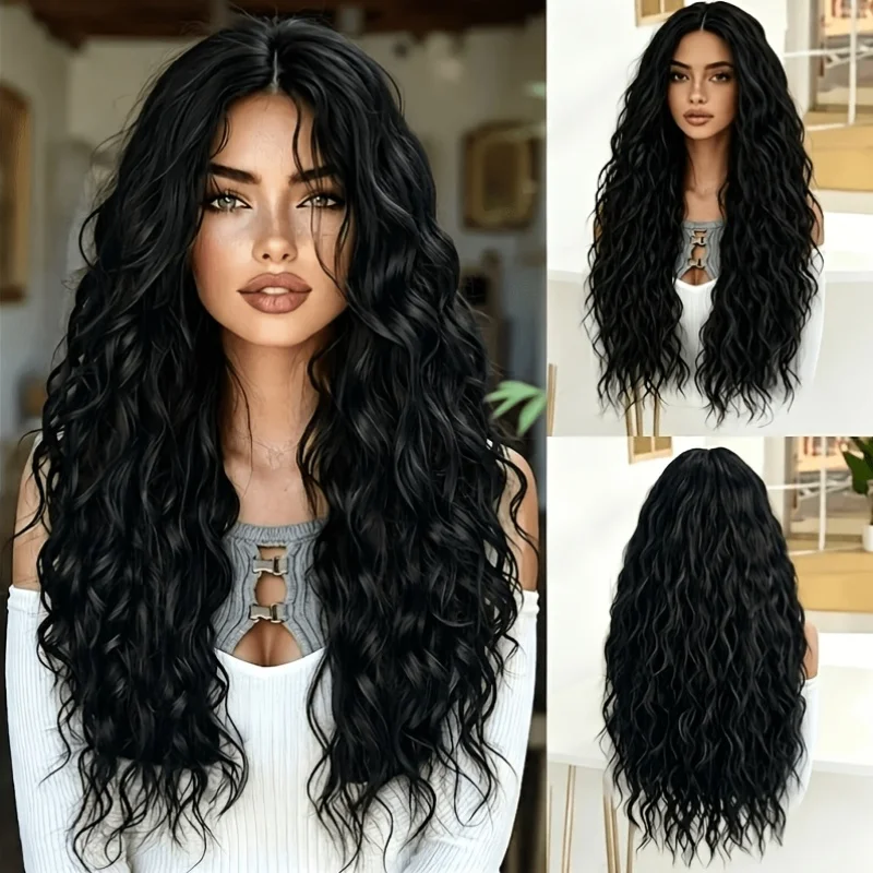 Long wavy black wig, synthetic fiber heat-resistant wig, suitable for daily party work