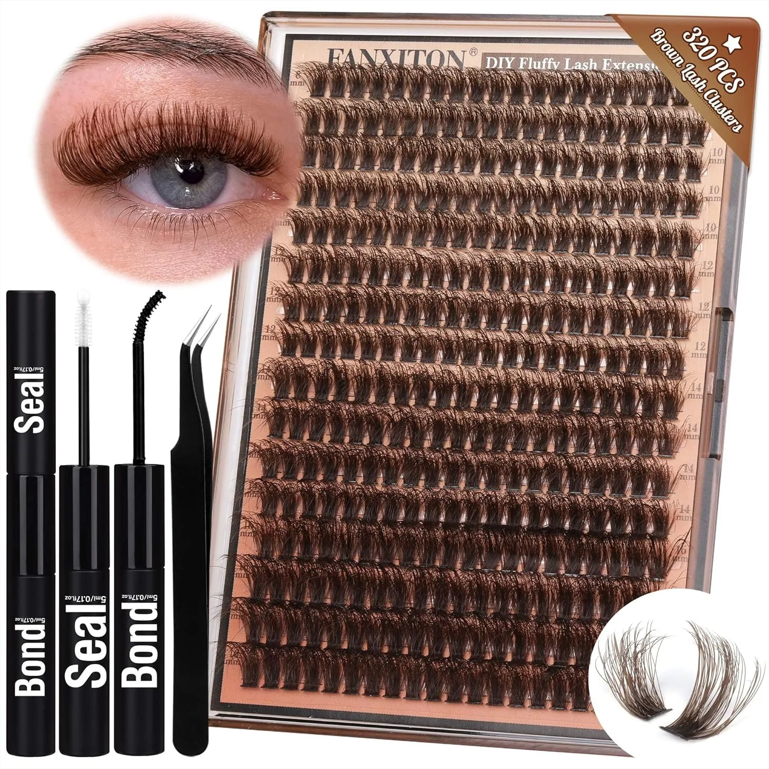 

Brown Lash Clusters 320 Pcs DIY Eyelash Extension Kit Natural Look D 8-16 MM Mixed with Bond and Seal Tweezers for Home Use