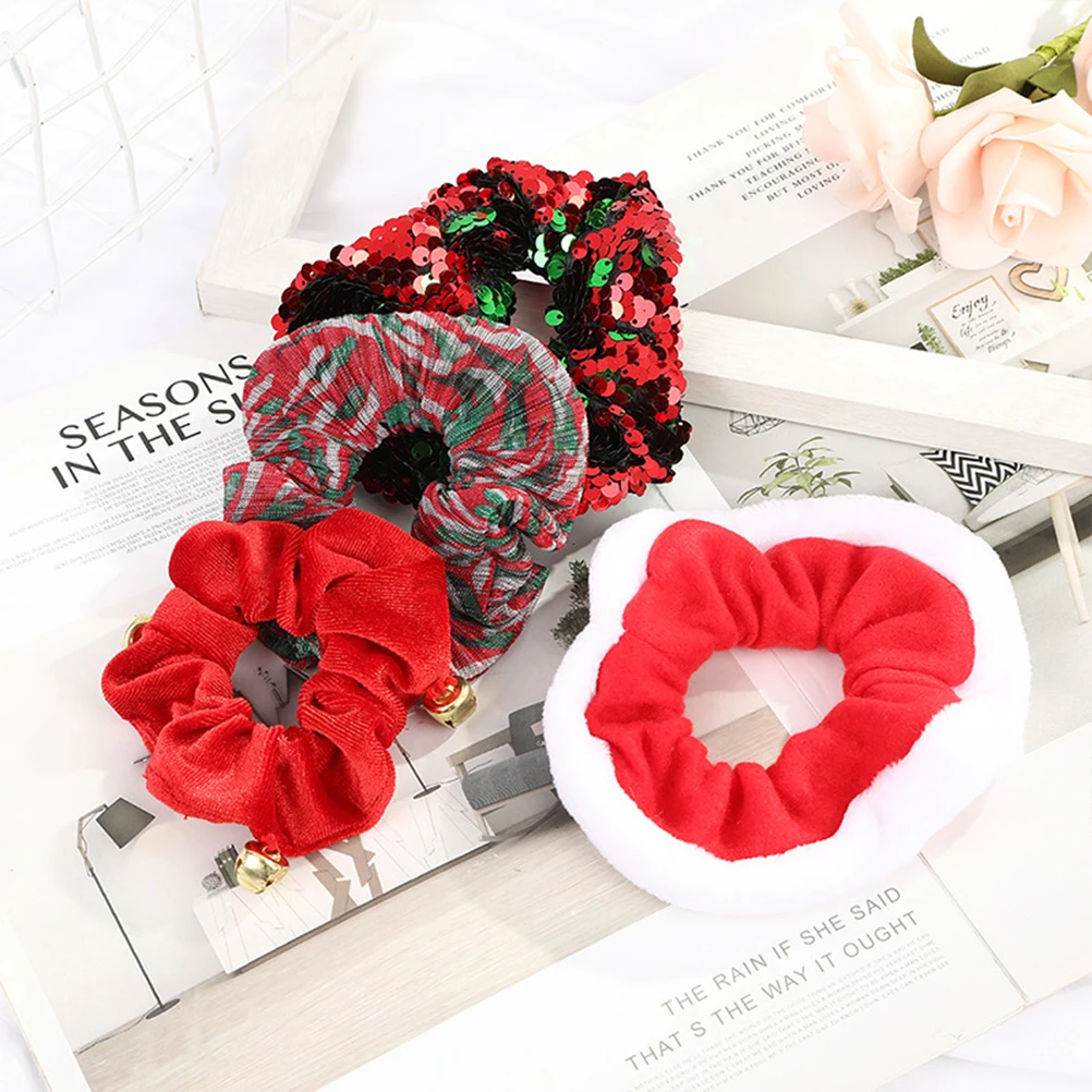 

5 pcs Christmas Sequins Hair Bands Elastic Cloth Ponytail Holders Festival Headress For Women Girls Durable Bright Color Party