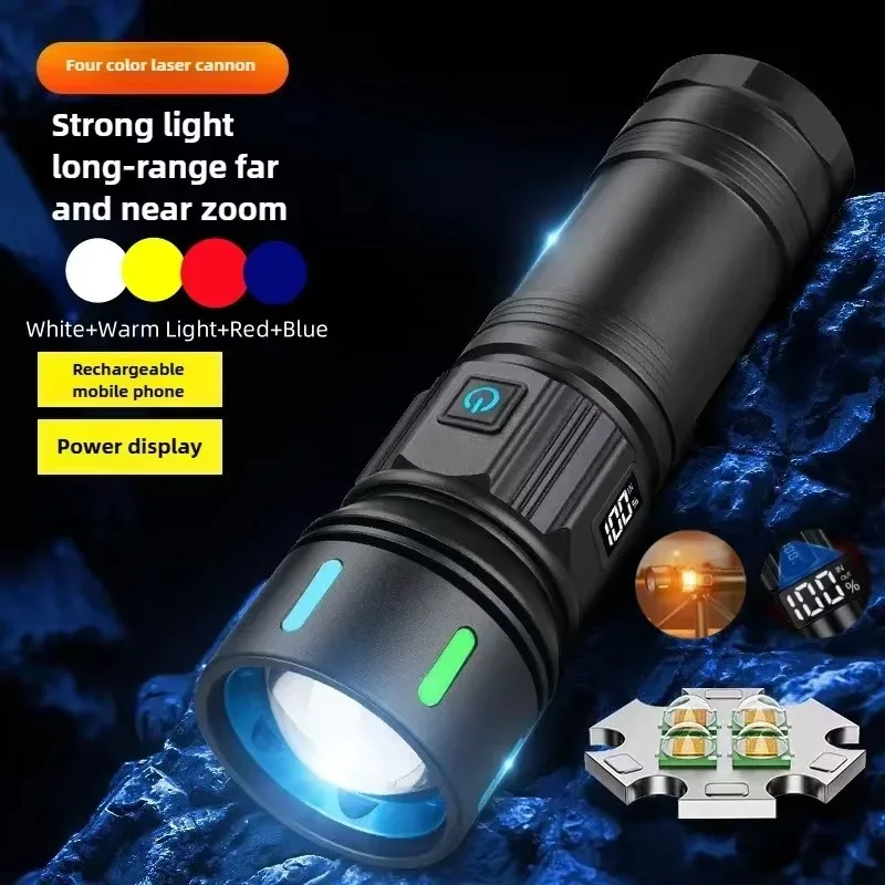 

Super Bright LED Flashlight Type C Rechargeable Tactical Flashlight Power Bank Zoom Emergency Work Light Outdoor 4-source Torch