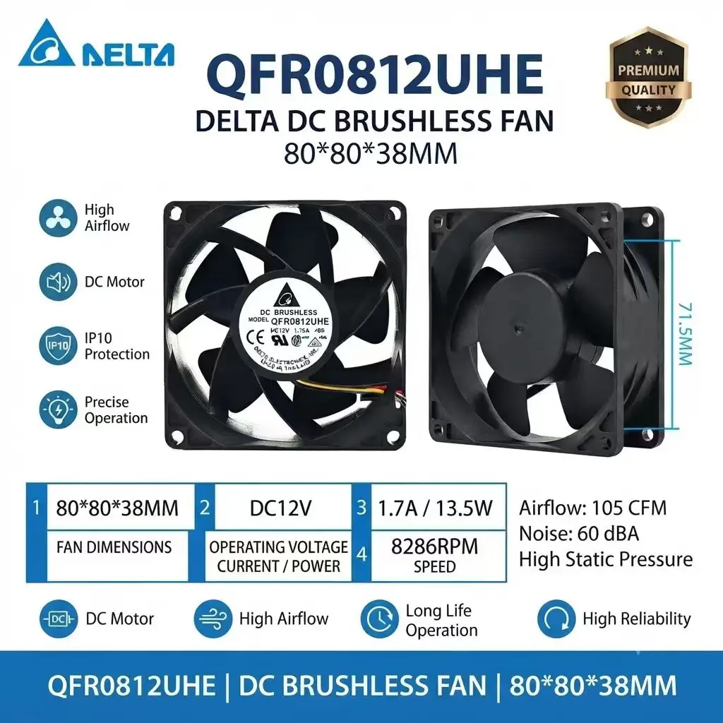 For DELTA QFR0812UHE DC Brushless Fan 80x80x38mm DC12V 1.7A 13.5W 8286RPM High Airflow High Static Pressure Cooling Fan