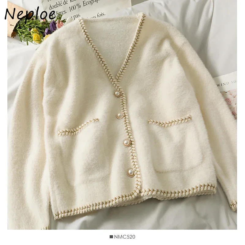 Neploe Bright Silk Edge Single-breasted V-neck Female Cardigan Long Sleeve Sweater Jacket Autumn Loose Office Lady Open Stitch