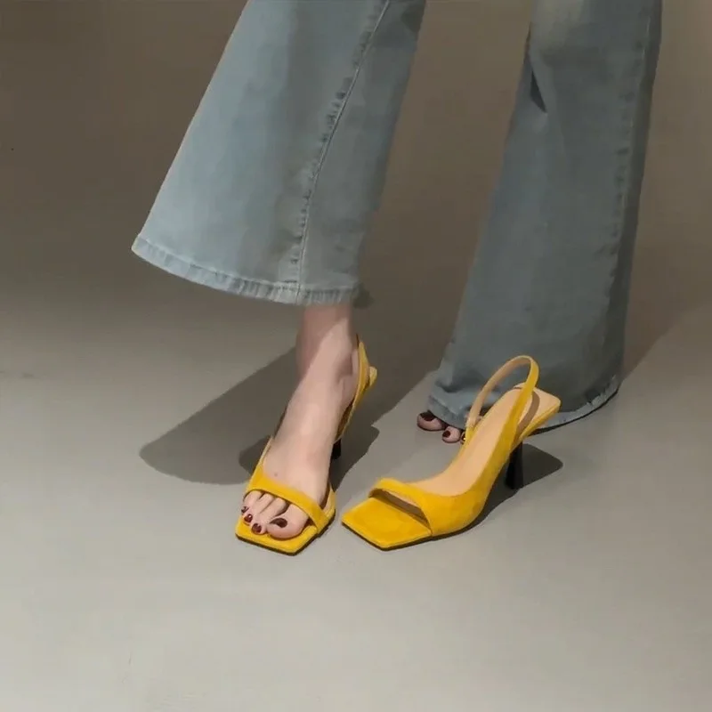2026 New Summer Women's Square Toe Strap Sandals French Open Toe Thin Heel Backless High Heels Elegant Shoes Matching Dresses
