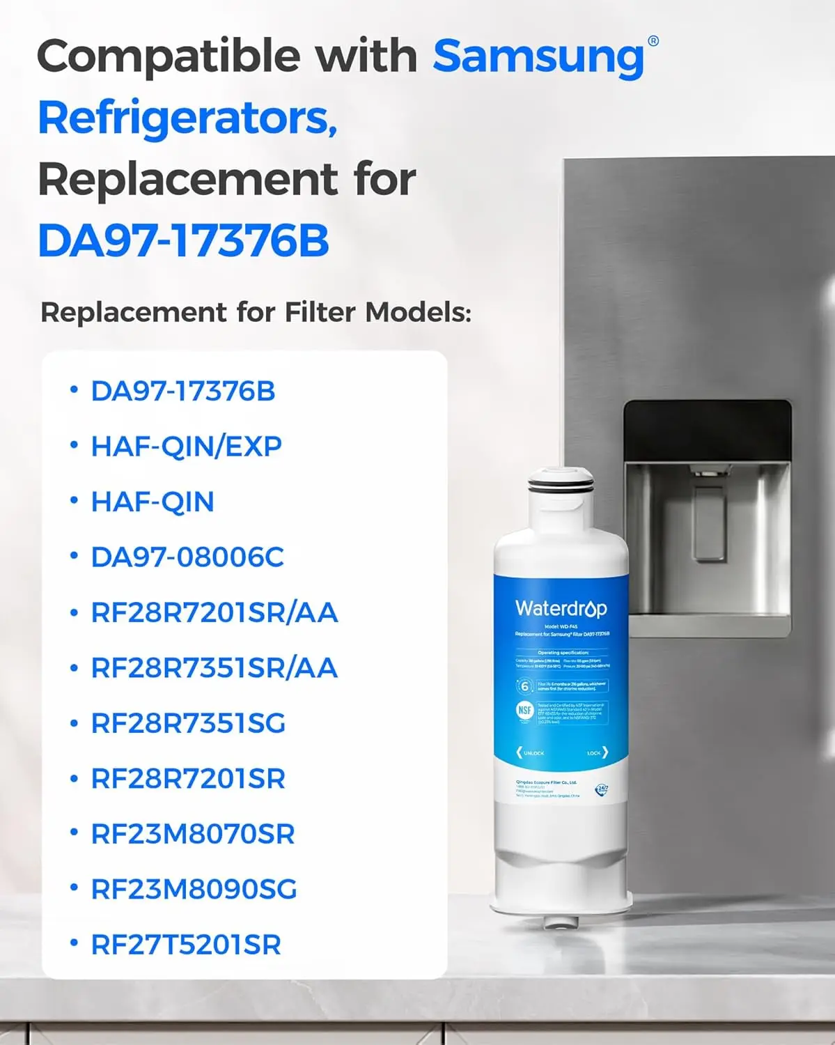 Waterdrop Wd-F45 Replacement for Samsung ®   Da97-17376B, Haf-Qin/Exp, Da97-08006C, Rf28R7201Sr, Rf28R7351Sg, Wd-F45, Refrigerator Water Filter, 5 Filters