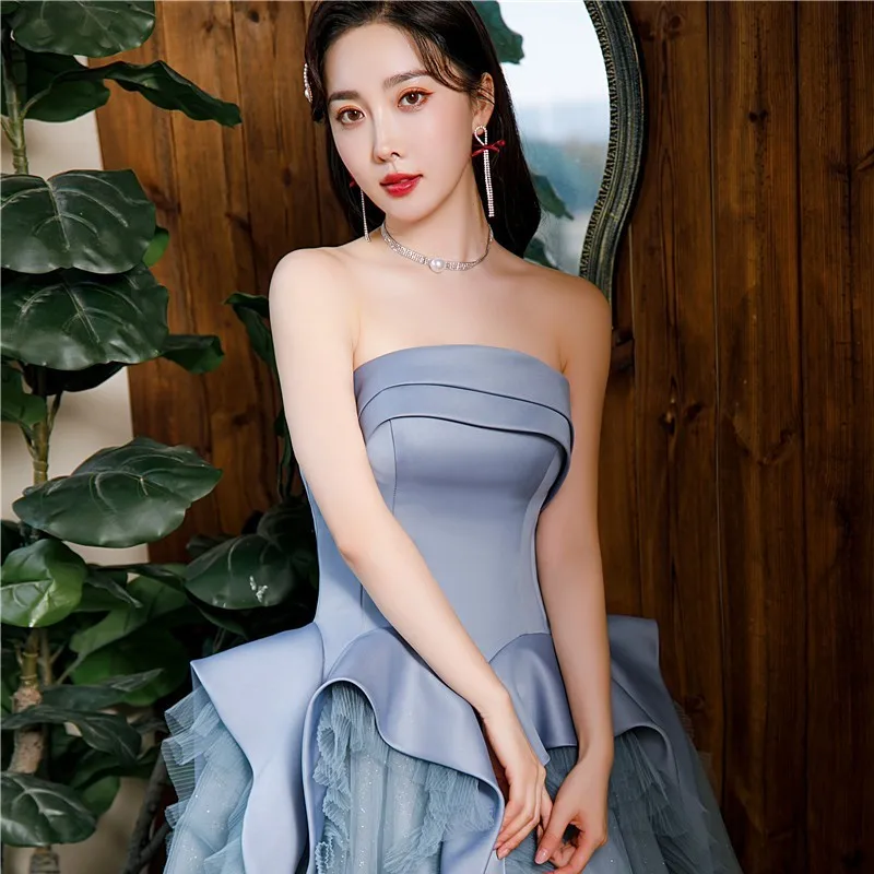 Strapless Dress Light Luxury Banquet Graduation Host Adult Ceremony Vocal Music Art Test Blue Atmosphere