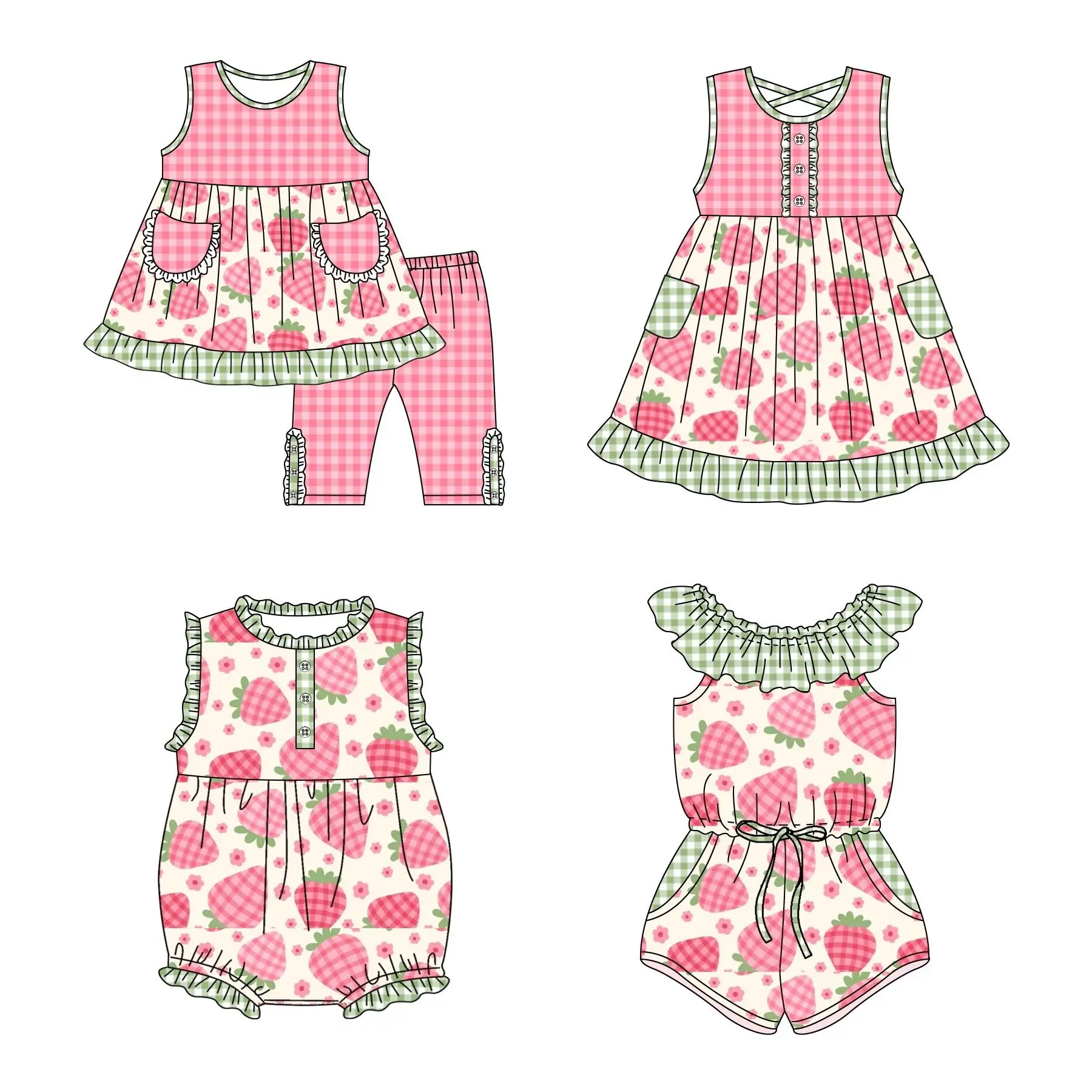 

Boutique round neck sleeveless dress with pocket buttons pink strawberry print 4-piece set milk silk fabric wholesale