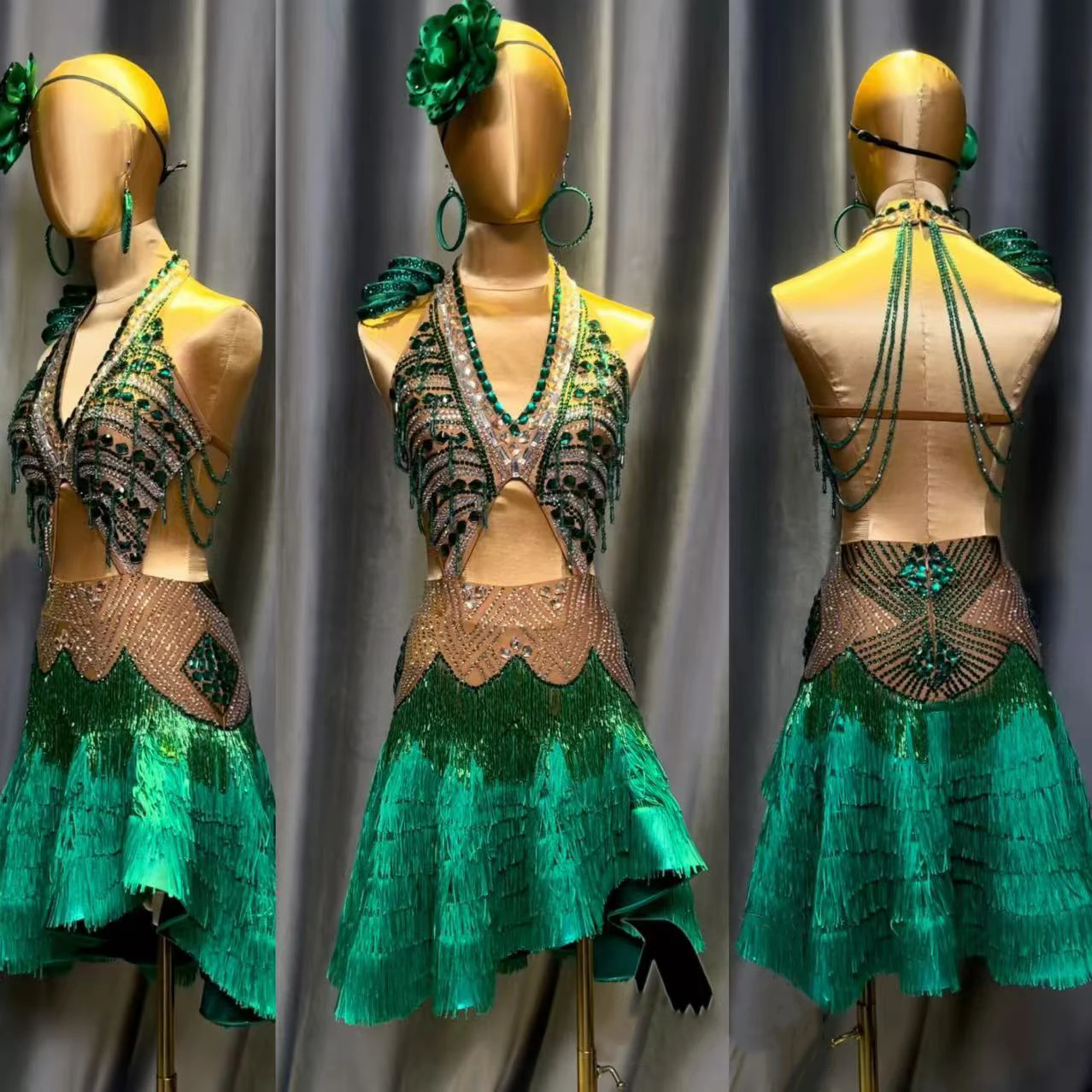 

Latin Dance AB Stone Female Adult Children High-End Customized Emerald Flow Su Big Black Pool Samba Performance Dress