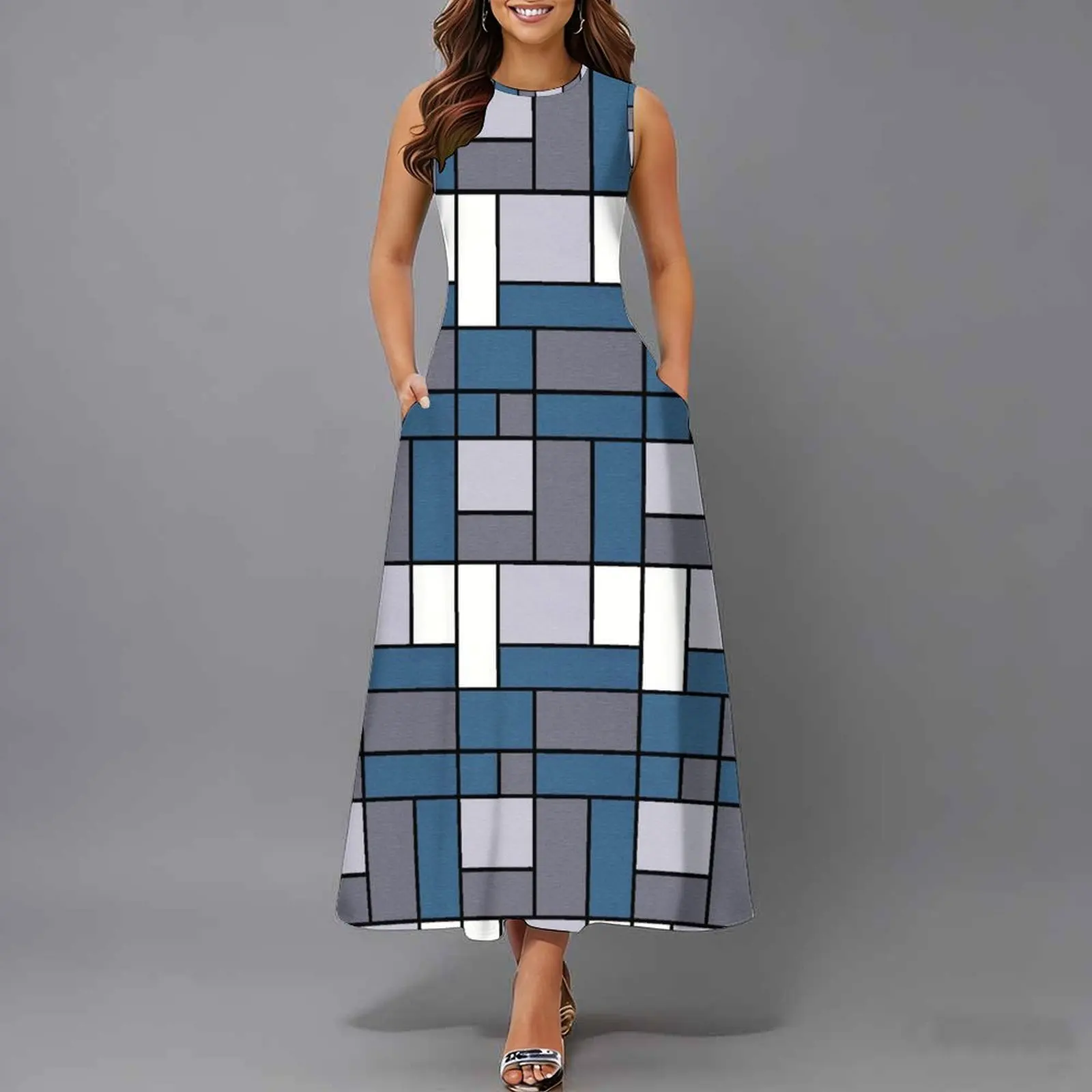 Women Sleeveless Long Maxi Dress With Pockets 3D Oil Painting Print Casual Loose Summer Vacation Party Sundress