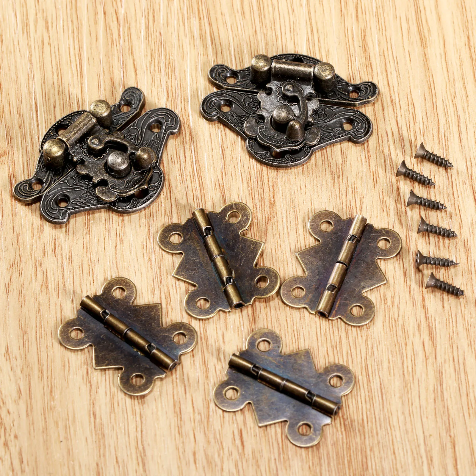 6Pcs/set Vintage Cabinet Hinges with Antique Bronze Jewelry Wooden Box Case Toggle Hasp Latch Furniture Accessories Hardware