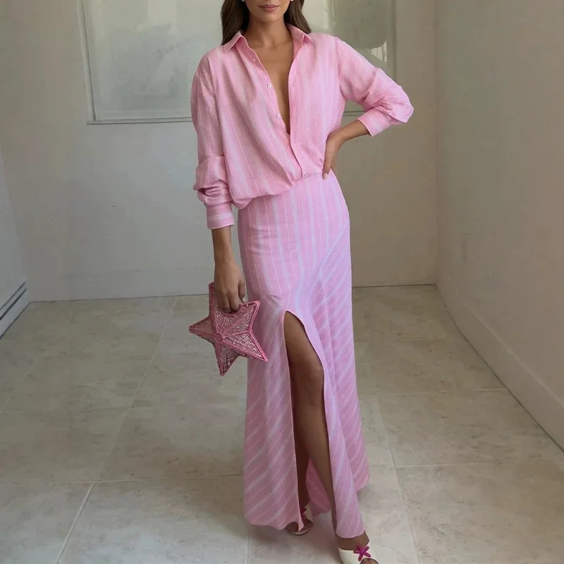 Two-piece Set 2026 New Women's Clothing, Cross-border Europe, America, Amazon, Fashionable Casual Striped Long-sleeved Shirt,