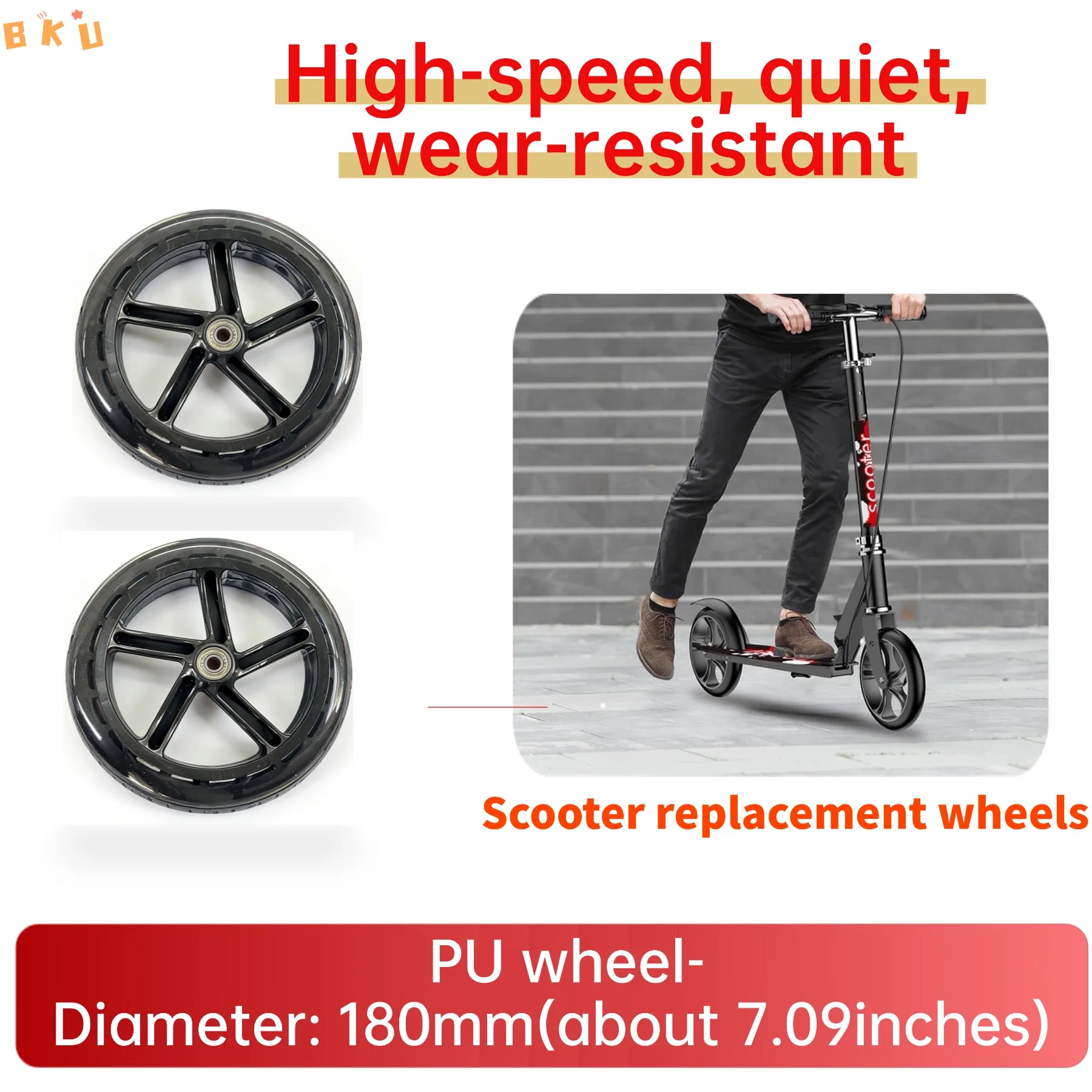 2-Pack 180mm Scooter Replacement Wheels, 7 Inch Professional PU Wheels for Kick Scooters & Push Carts