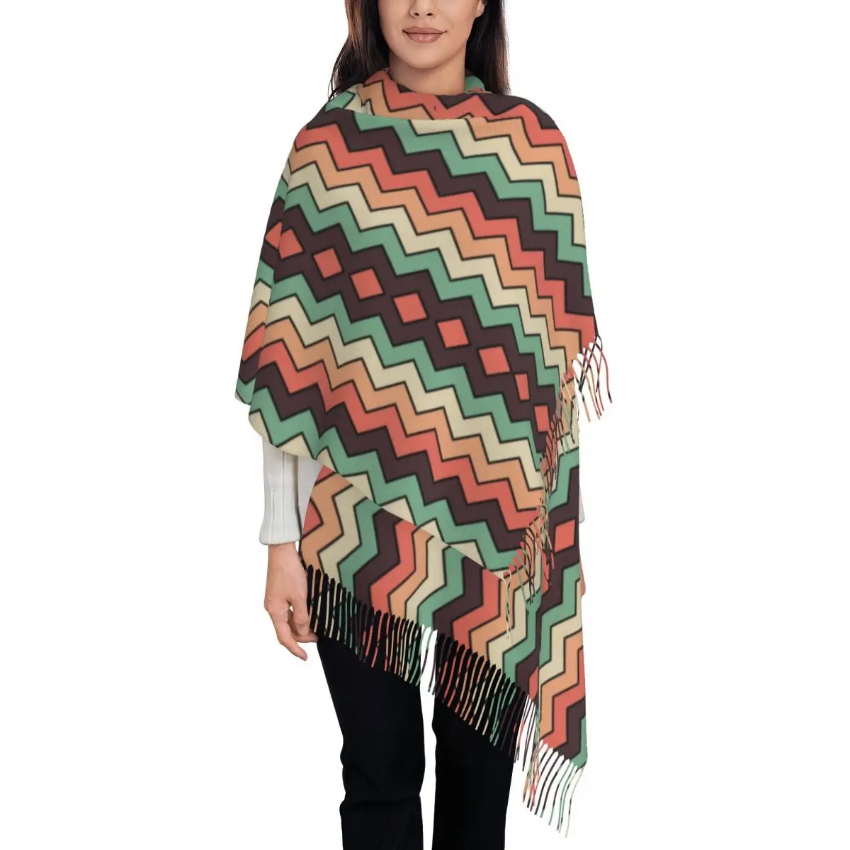 

Ladies Large Vintage Zig Zag Scarves Women Winter Soft Warm Tassel Shawl Wraps Modern Geometric Wave Scarf