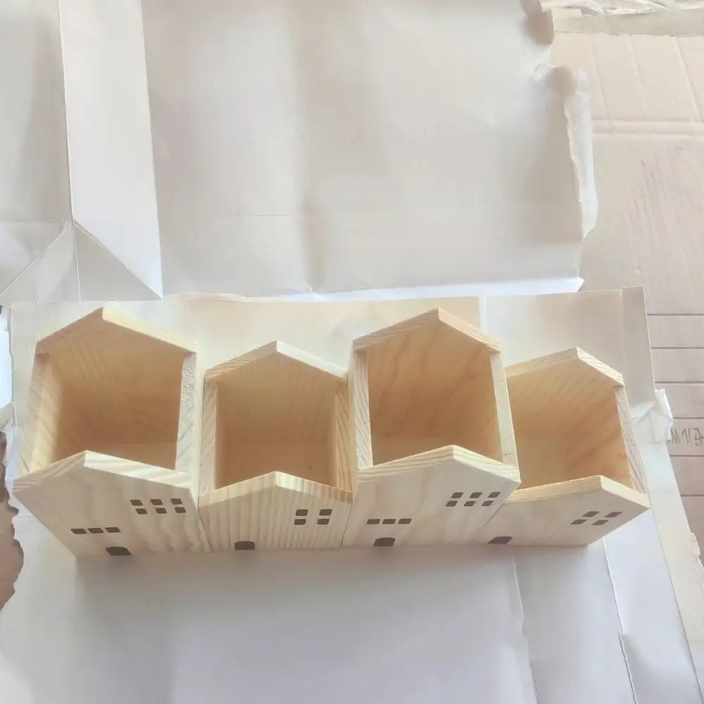 2PCS/Set Cute Wood Pen Holder House-Shape Stationery Storage Box Desktop Ornament Makeup Brush Organizer School Office