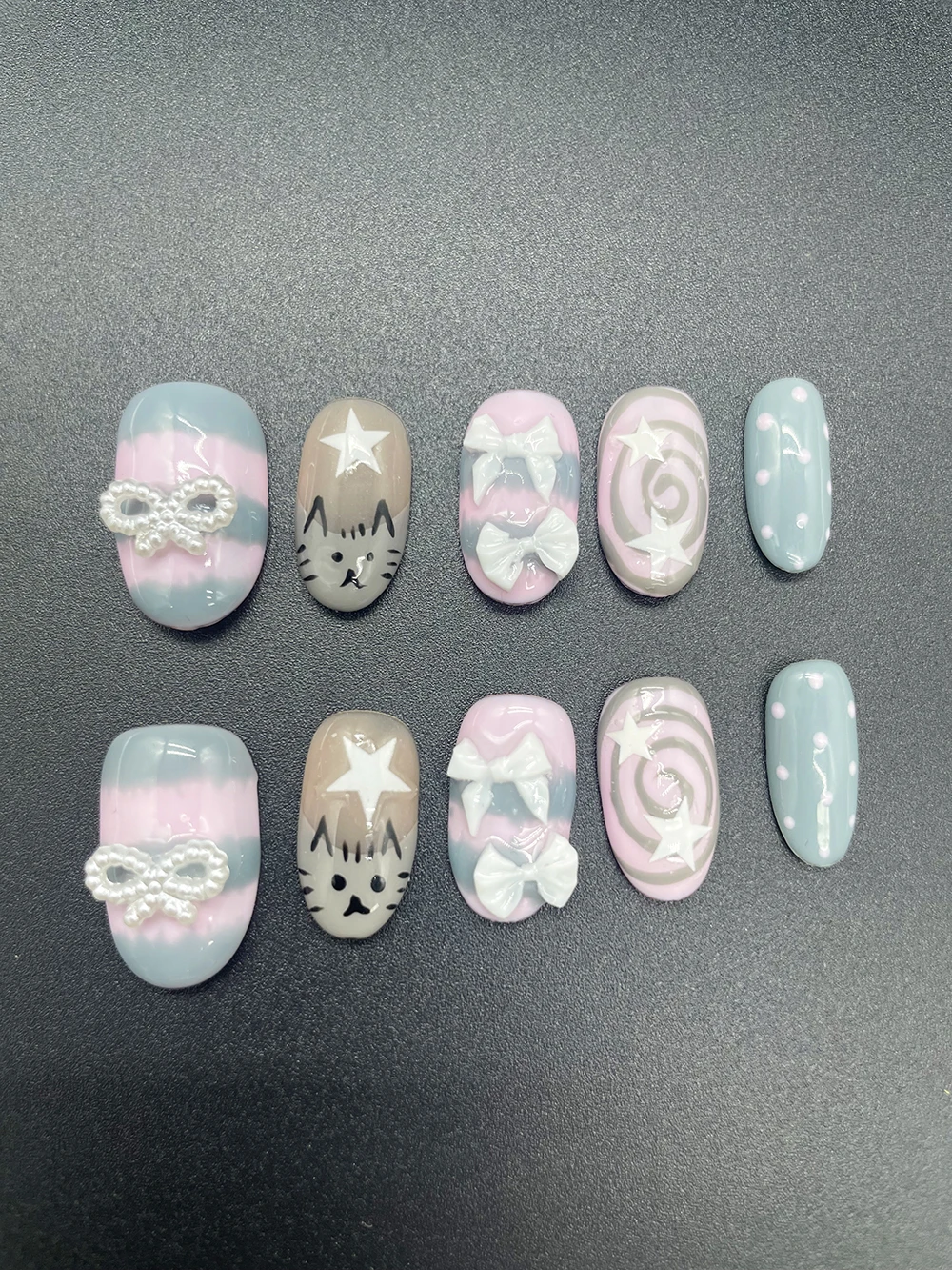 

10Pcs Handmade Cute Ellipse Grey Cat Press On Nails Striped Bow Kawaii Japan South Korea Short Style Sweet Fake Nail Tips