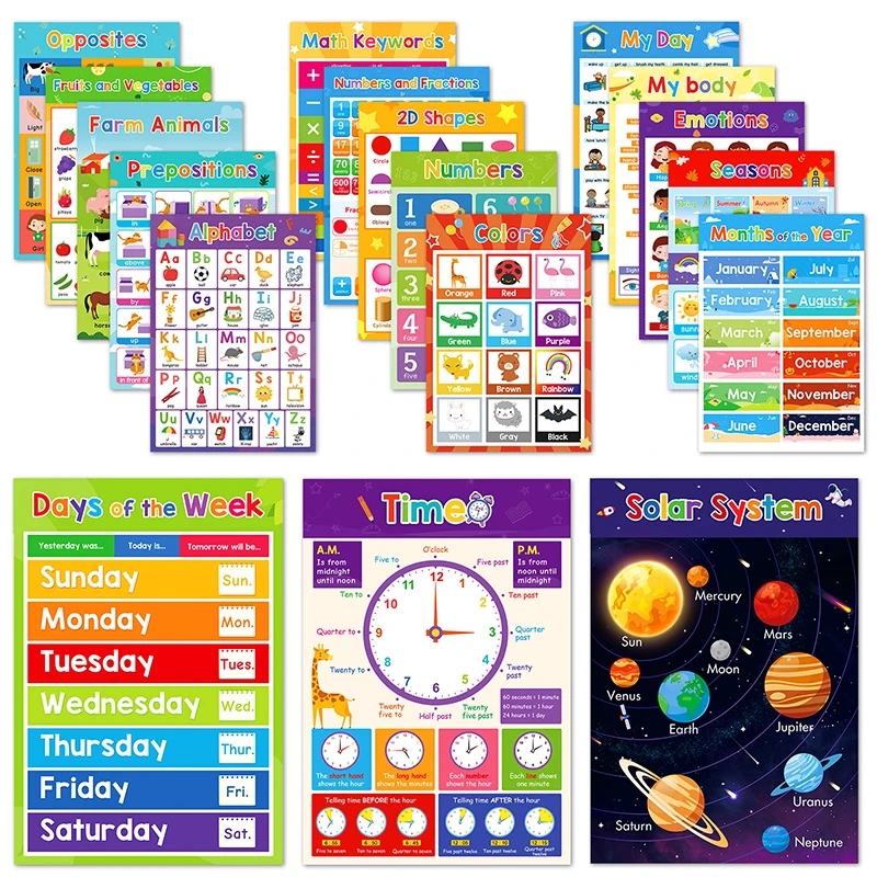 

1 Set Classroom Decor 18 Themes Kid English A3 Big Cards ABC Letter/Animal/Numbers/Weather Learning Chart Kindergarten Supplies